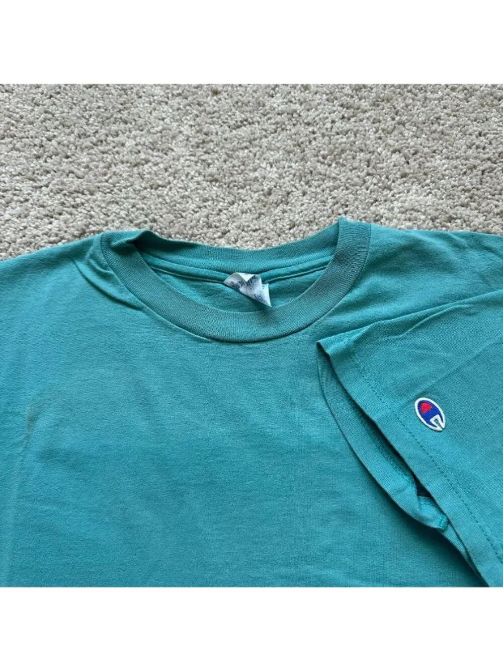 Vintage 90s Champion Logo Big Print T-Shirt Turquoise Blue XL Sporty Athletic - Picture 6 of 6